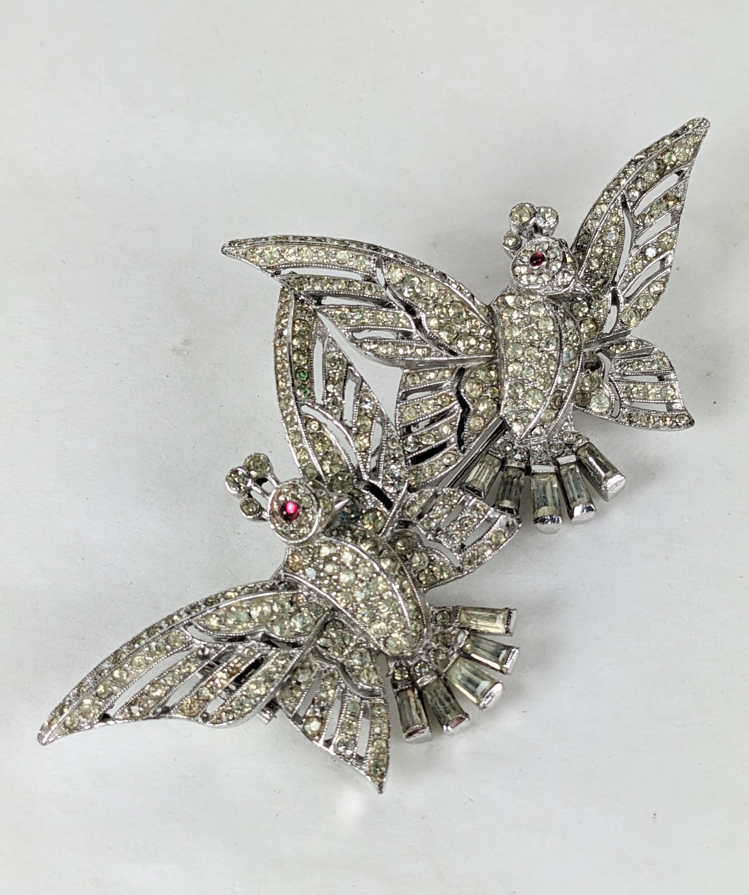 Amazing large Trifari Pave Doves Duette or Clip Mate set by Alfred Phillipe. A pair of Art Deco Pave bird clips slide onto a brooch base to be worn together or separatly as desired. 
Rare Trifari piece. 4