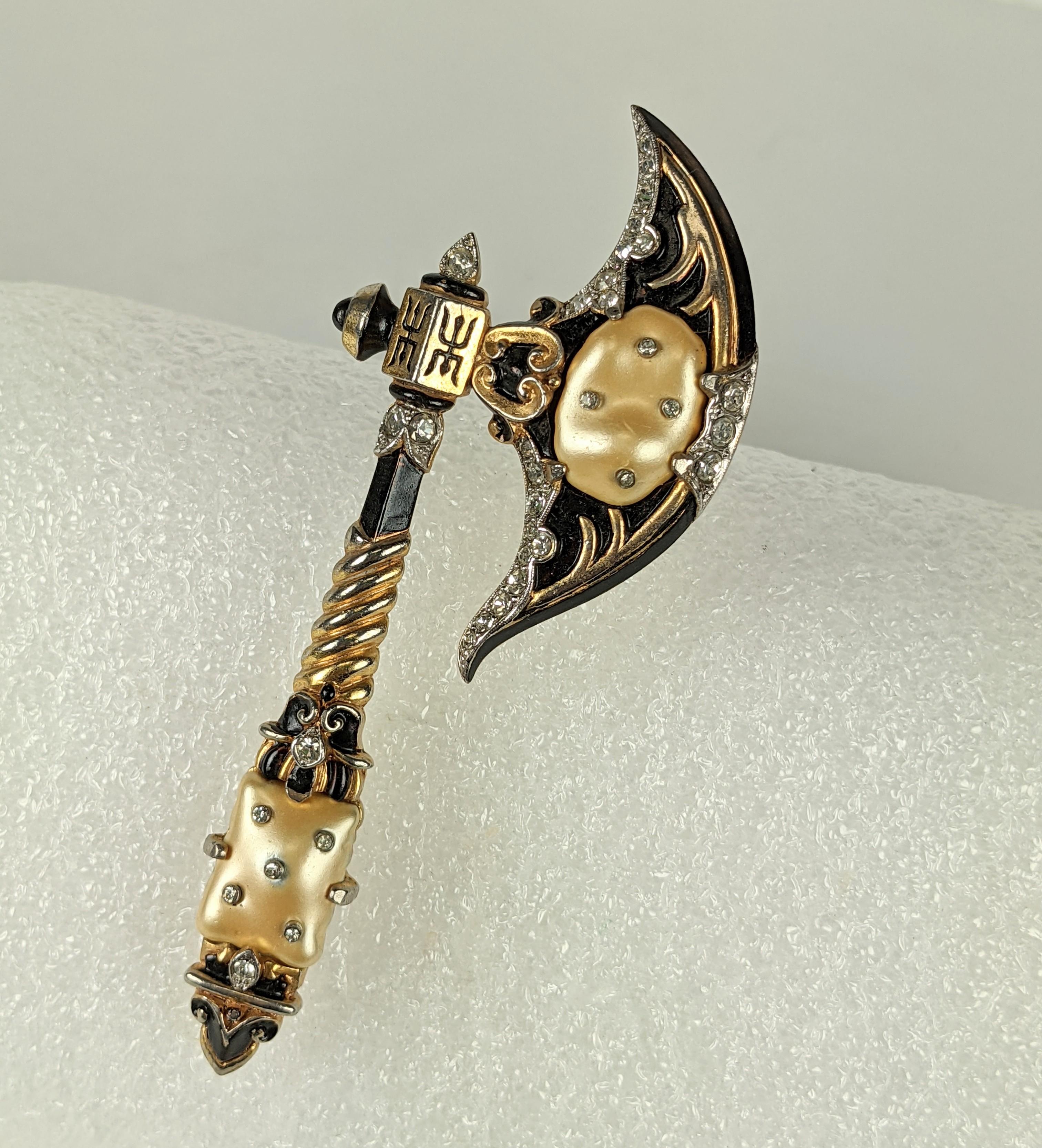  Rare Alfred Philippe for Trifari Pearl belly Ming Ceremonial Axe brooch. Of gold plated base metal, crystal rhinestones, black cold enamel, with two nacre lacquered metal faux pearl cabocheons set at the handle and blade. These are set with small