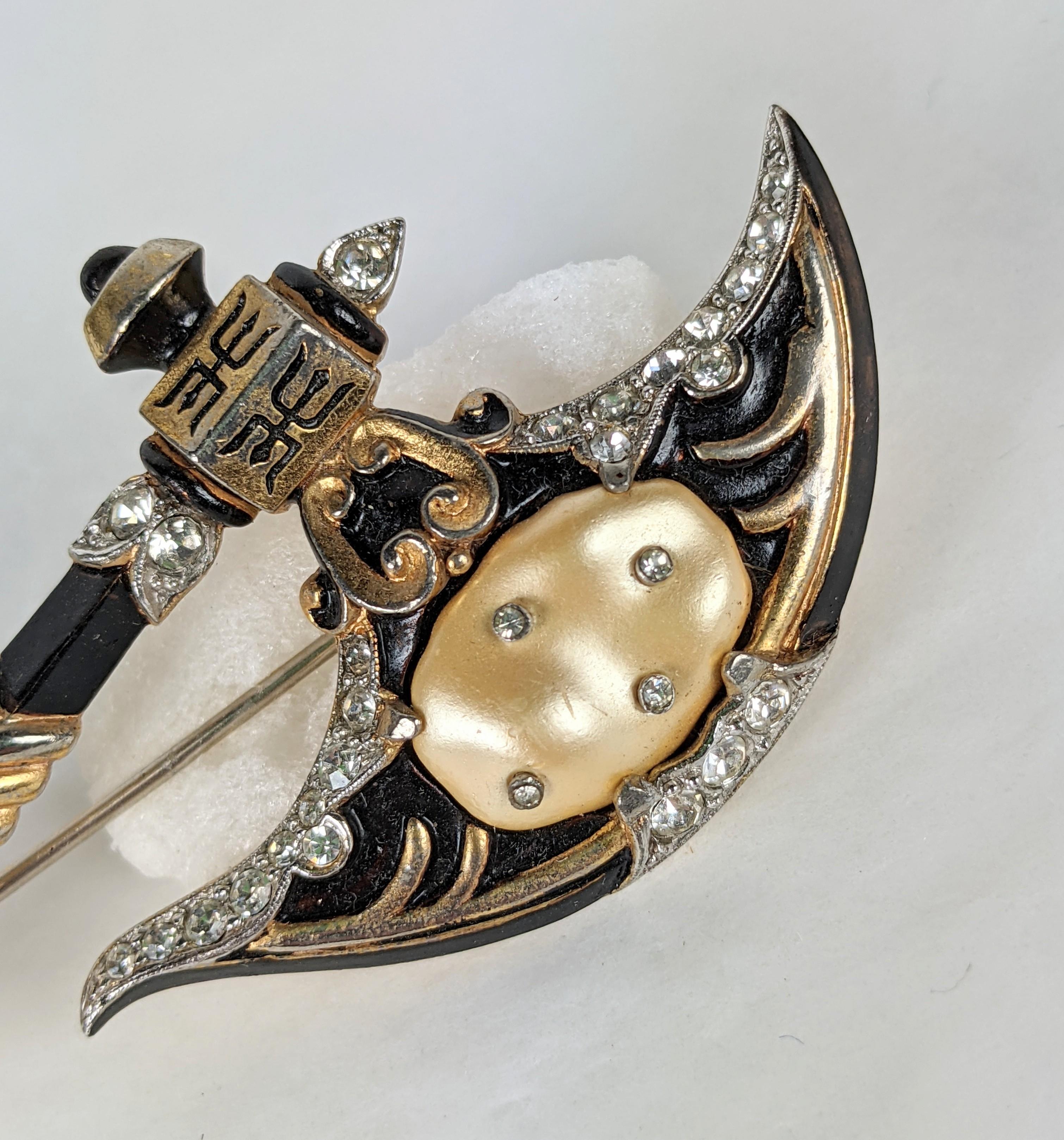 Art Deco Trifari Pearl Belly Ceremonial  Ming Axe Brooch, Alfred Philippe  