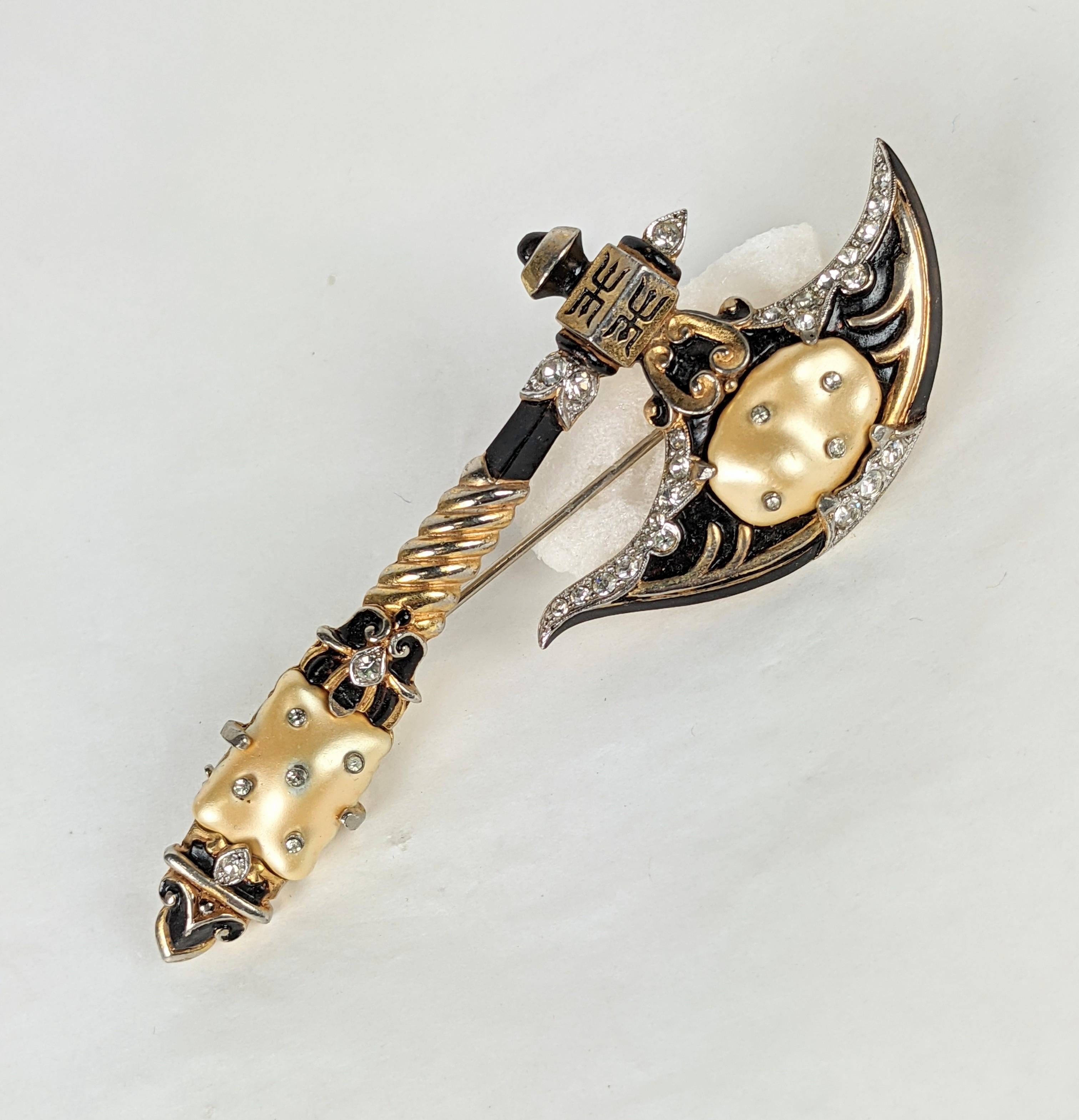 Women's or Men's Trifari Pearl Belly Ceremonial  Ming Axe Brooch, Alfred Philippe  
