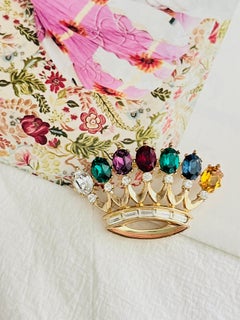 TRIFARI Philippe 1940s DEAREST Royal Crown Crest Coronation Crystal Gold Brooch