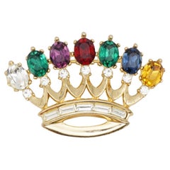 TRIFARI Philippe 1940s DEAREST Royal Crown Crest Coronation Crystal Gold Brooch