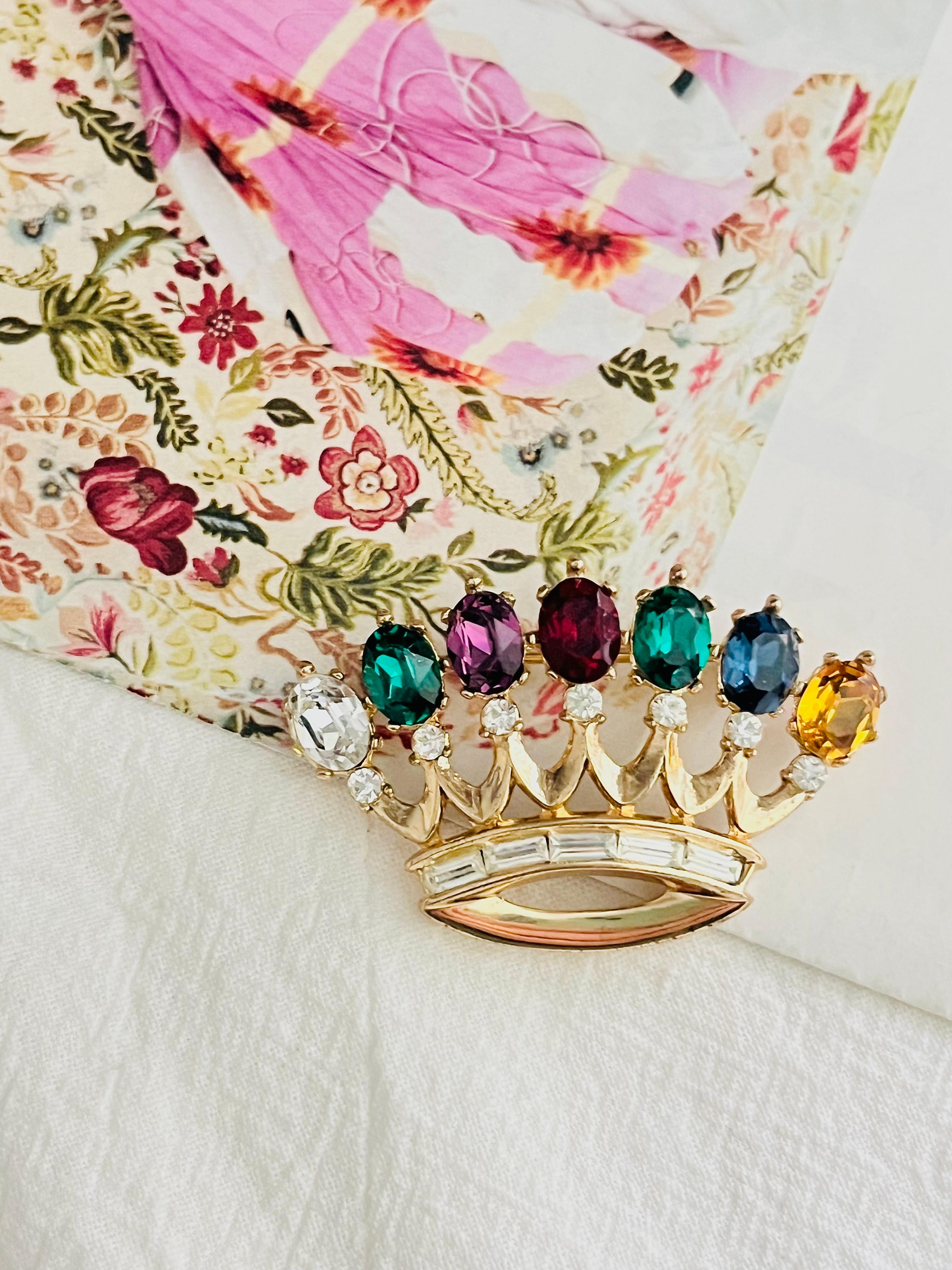 Art Deco TRIFARI Philippe 1940s DEAREST Royal Crown Crest Coronation Crystal Gold Brooch