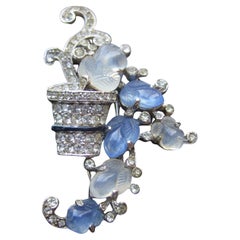 Trifari Phillipe Carved Glass Floral Rhodium Crystal Fur Clip Brooch c 1950s