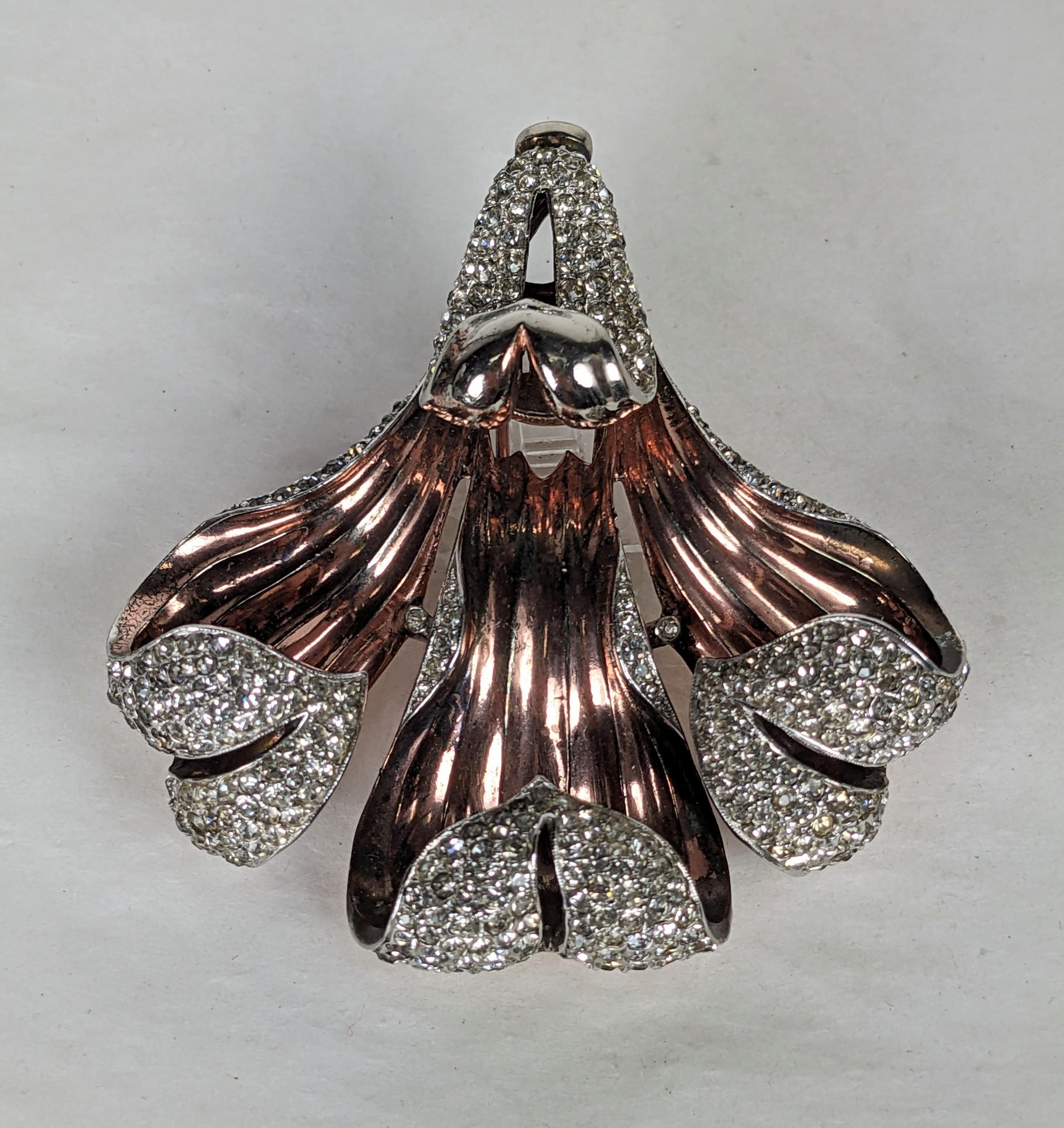 Amazing Collector Quality Trifari Pink Gold Plate and Pave Orchid Clip from the 1940's. Dimensional with hand set pave work throughout. 
1940's USA. 3