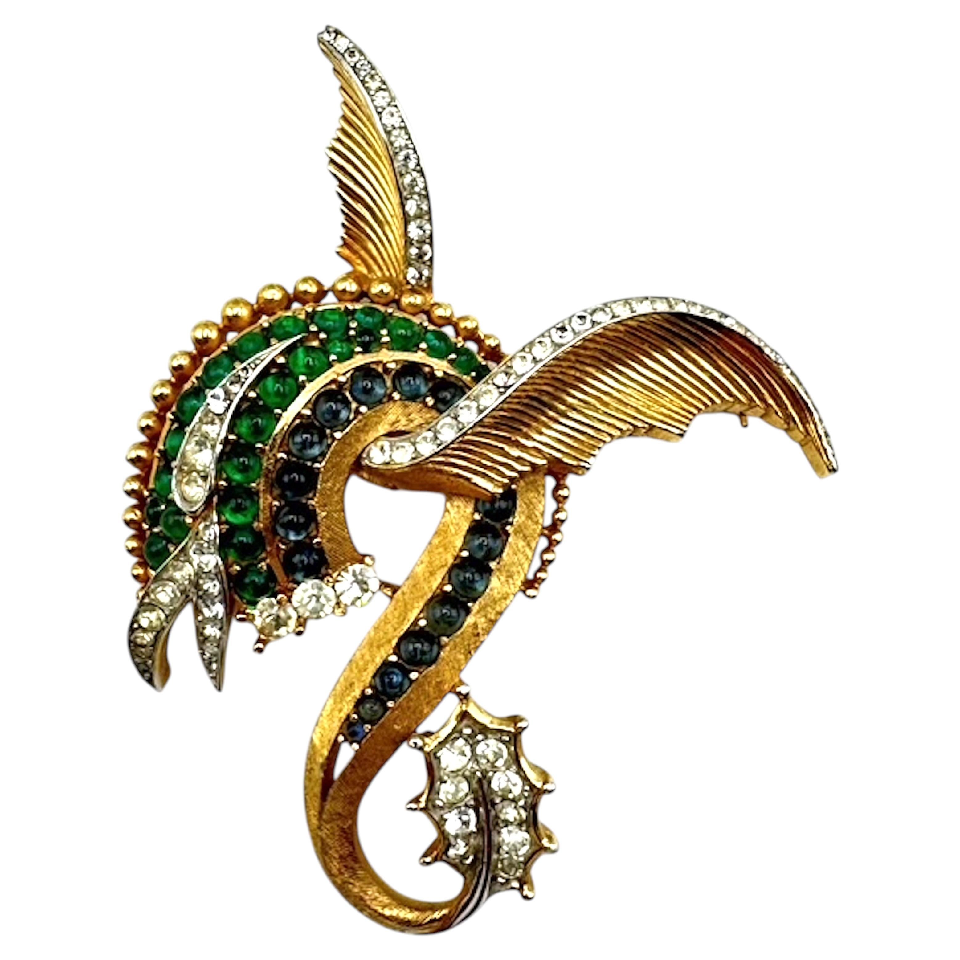 Trifari Rare 1960s Gold-Tone Sea Dragon Brooch with Cabochons
