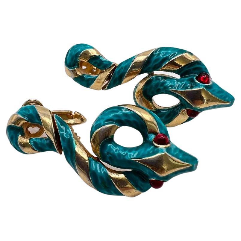 Trifari Red Eye Garden of Eden Enamel Snake Clip on Earrings, 1960s For Sale