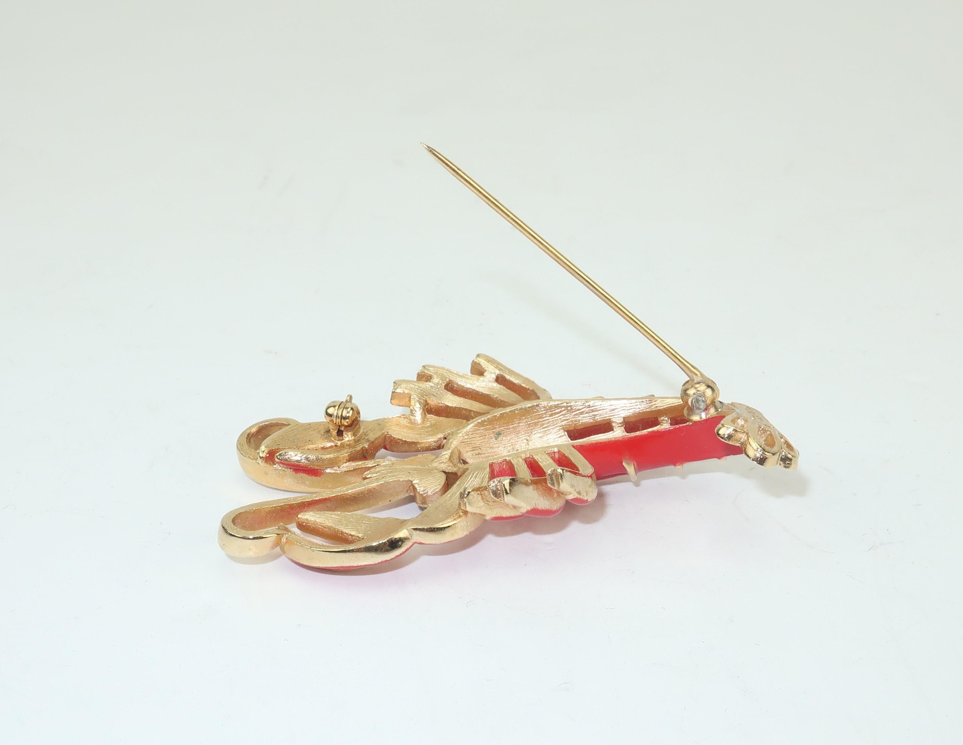 Modern Trifari Red & Gold Lobster Brooch With Green Eyes, 1960's