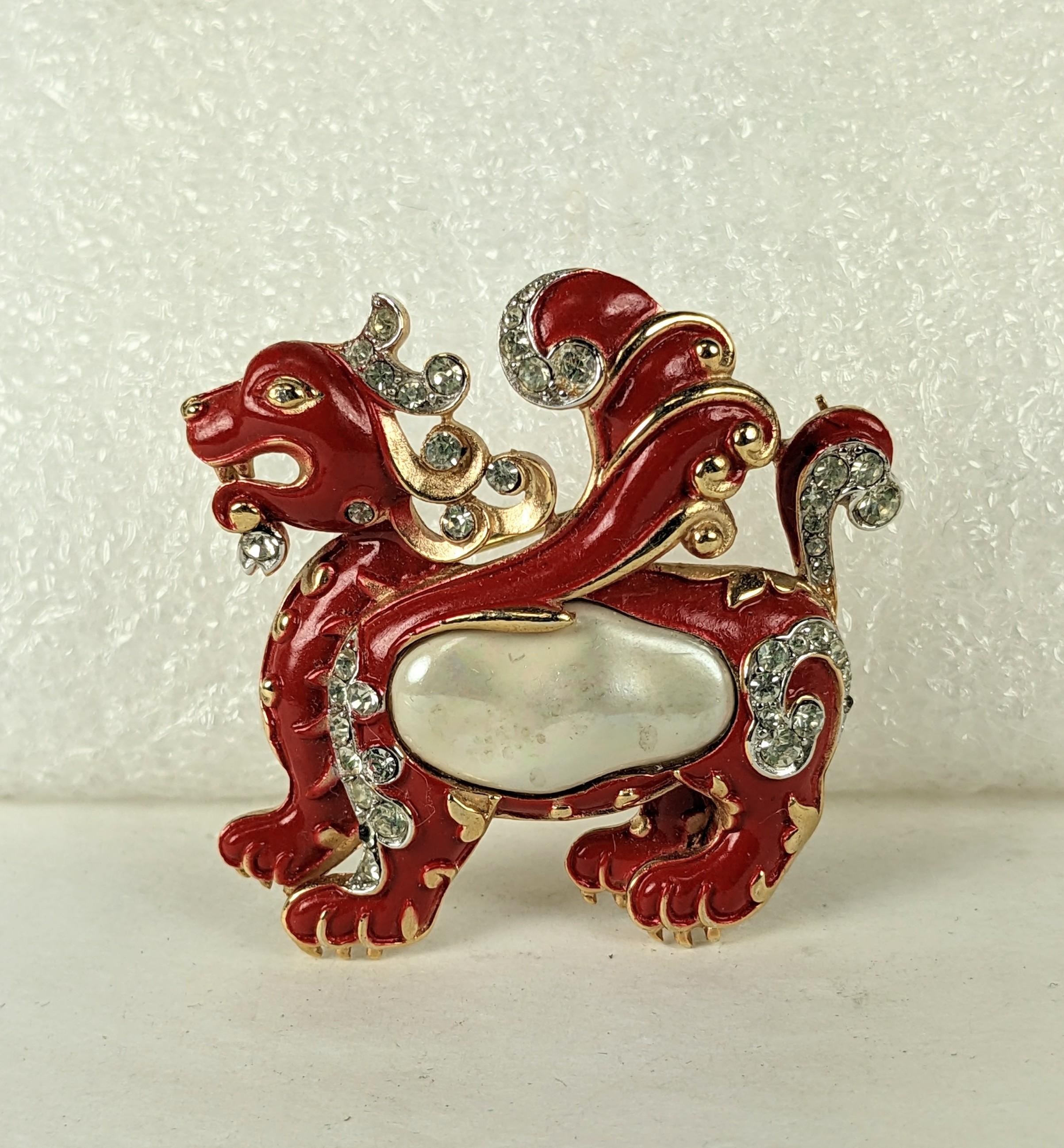 Rare Series Trifari Ming Dragon Pearl Belly by Alfred Phillipe from the 1960's. Red enamel over gold with pave studded 