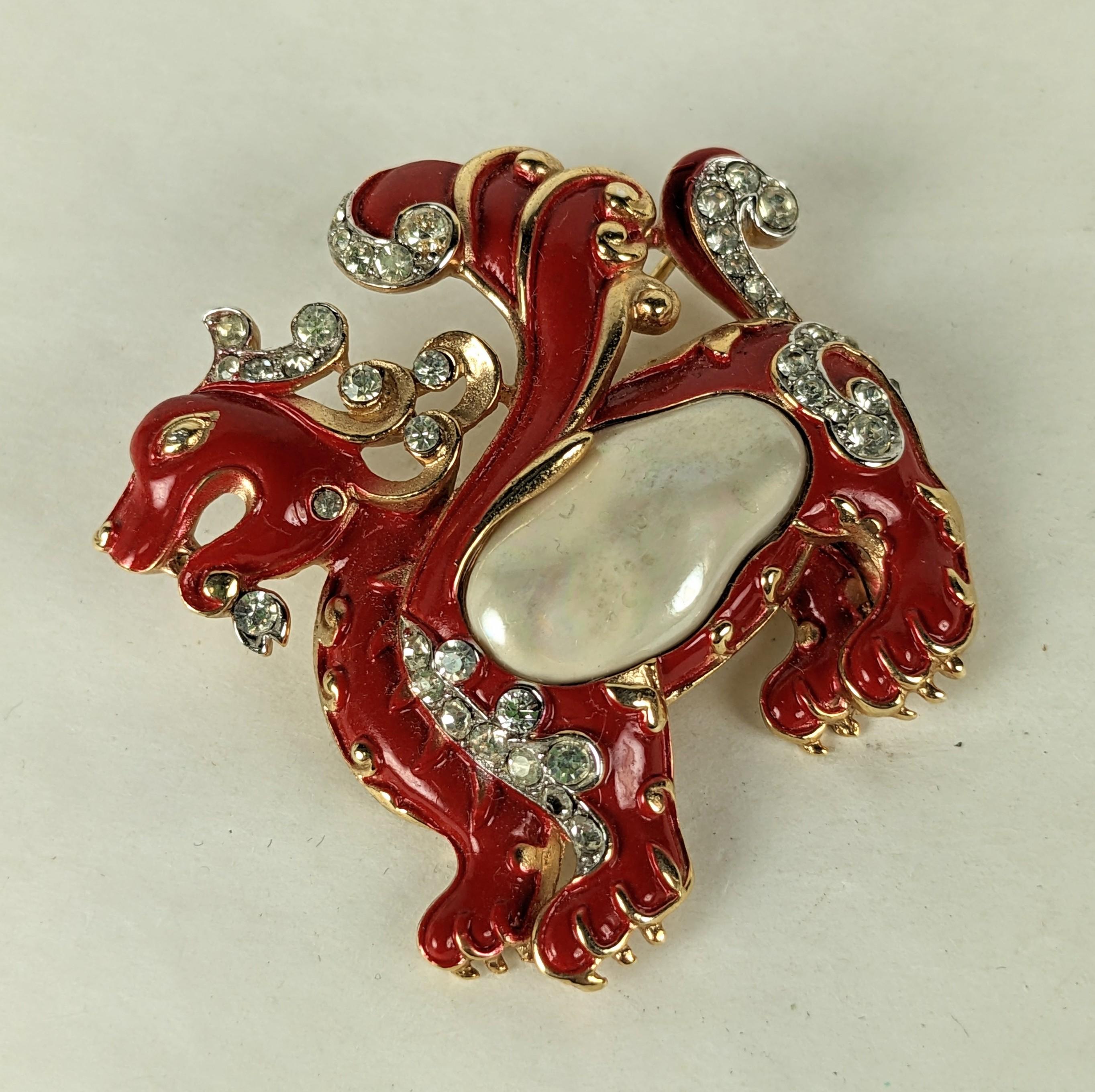 Trifari Red Pearl Belly Dragon, Alfred Phillipe In Good Condition For Sale In New York, NY