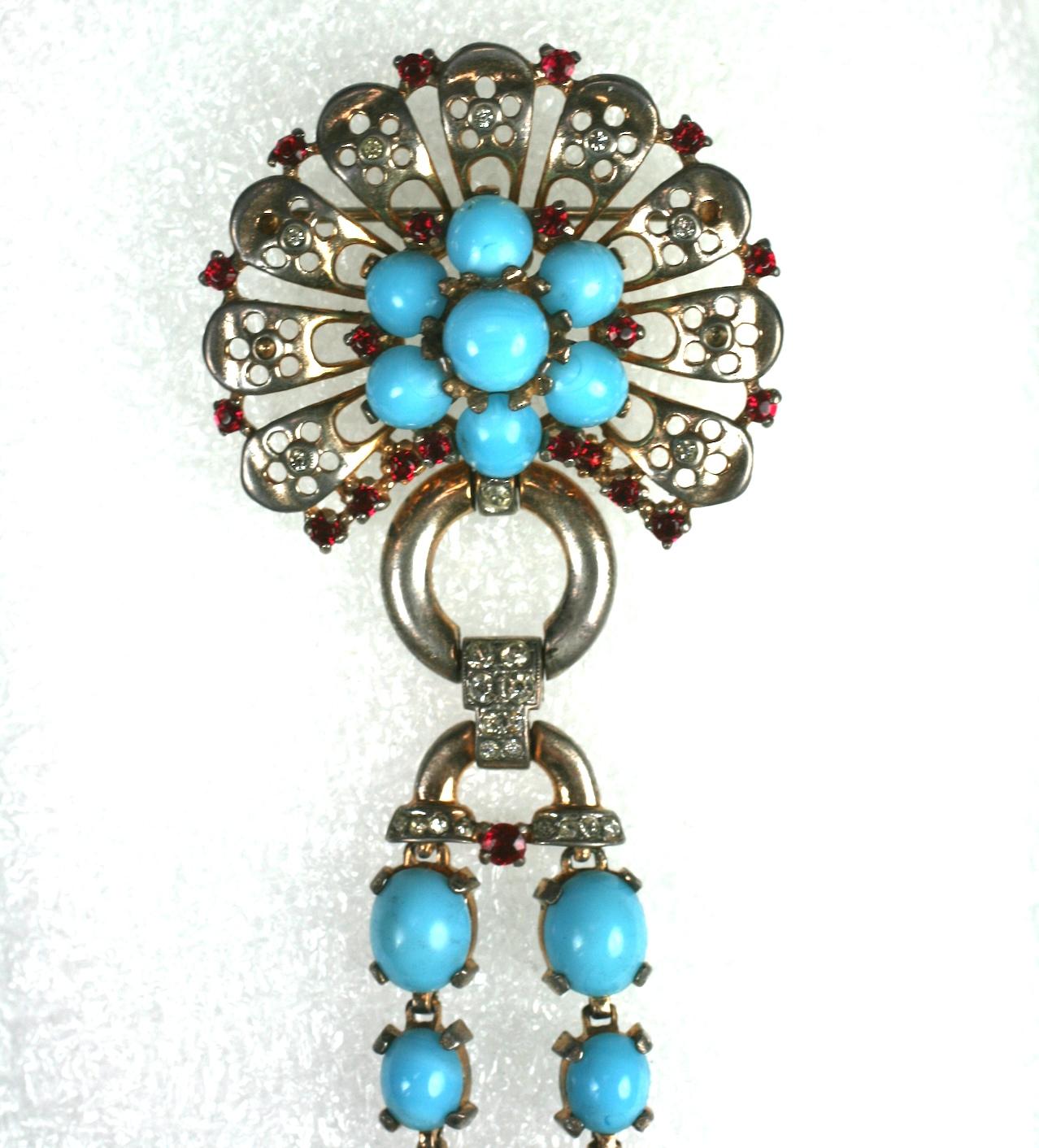 Trifari Retro Sterling Turquoise Dangle Brooch, Alfred Phillipe In Good Condition For Sale In New York, NY