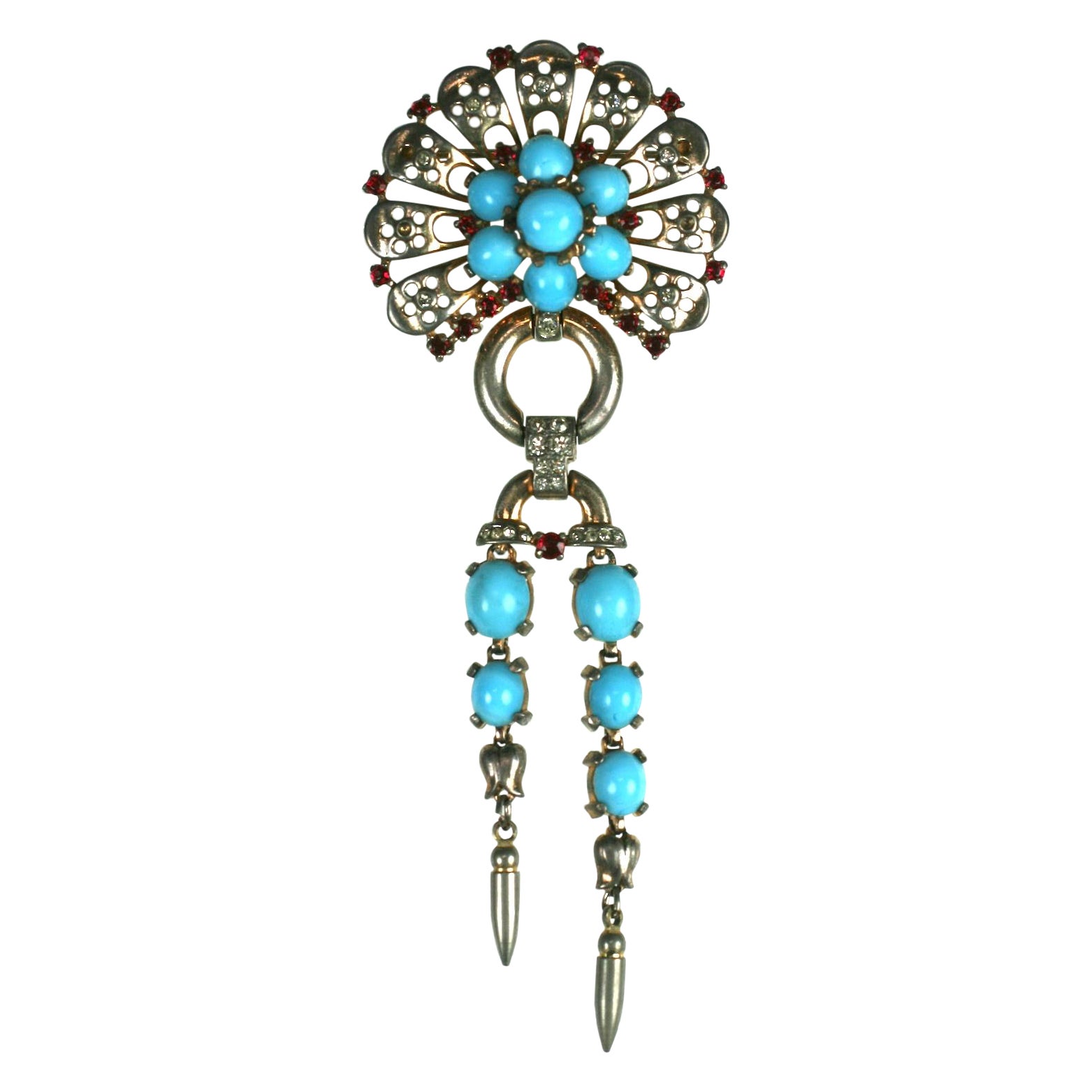 Broche pendentif Trifari rétro en argent sterling et turquoise, Alfred Phillipe