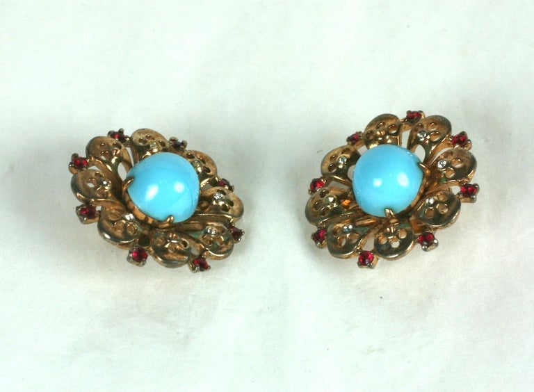 Boucles D'oreilles Vintage TRIFARI En Pâte De Verre Et Cuivre Doré 24K - Occasion Très Bon état