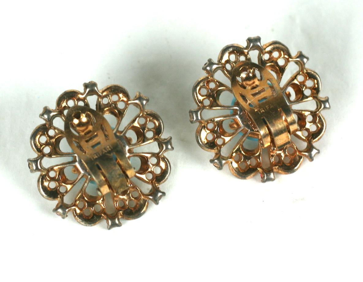 Trifari Retro Sterling Turquoise Earrings, Alfred Phillipe In Good Condition For Sale In New York, NY