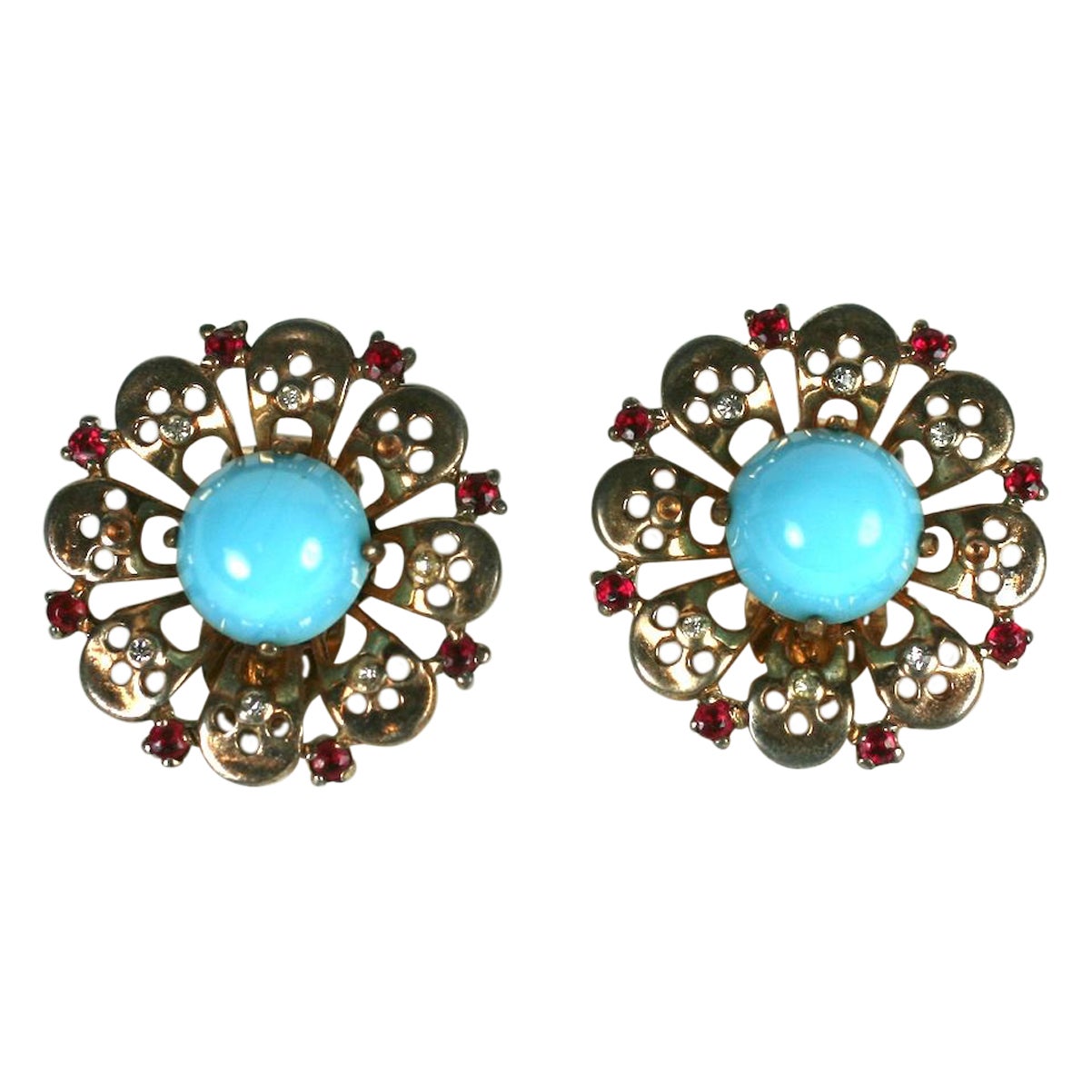 Boucles d'oreilles rétro Trifari en turquoise et argent sterling, Alfred Phillipe en vente