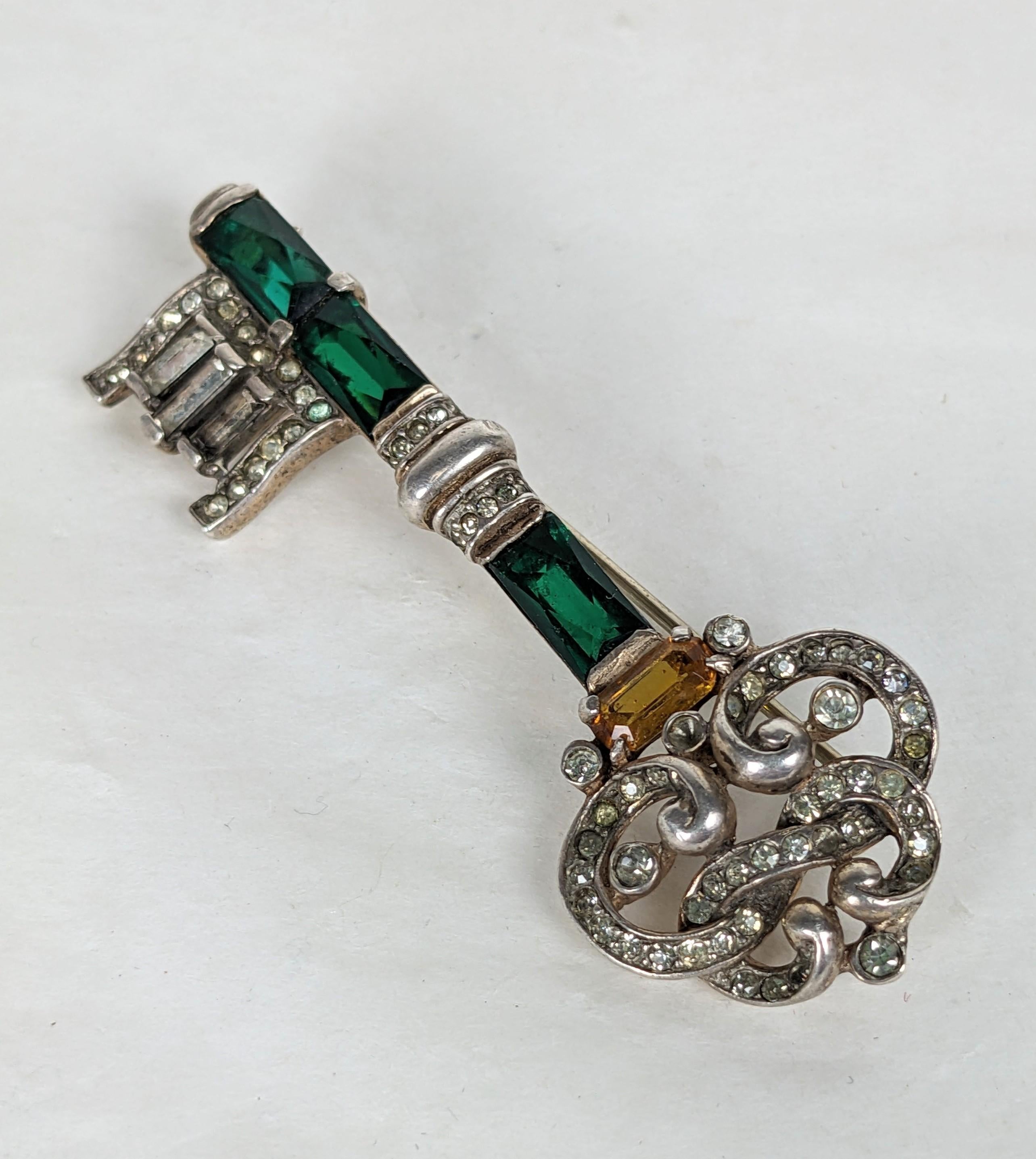 Art Deco Trifari Retro Sterling Vermeil Jeweled Key Brooch, Alfred Philippe For Sale