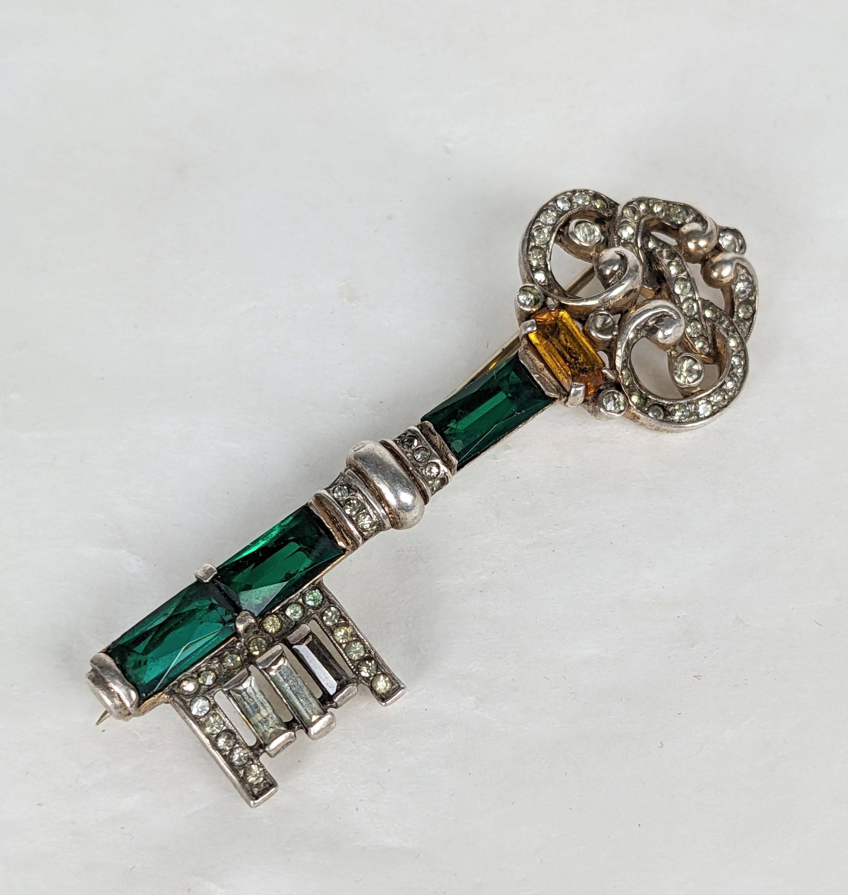 Trifari Retro Sterling Vermeil Jeweled Key Brooch, Alfred Philippe In Good Condition For Sale In New York, NY