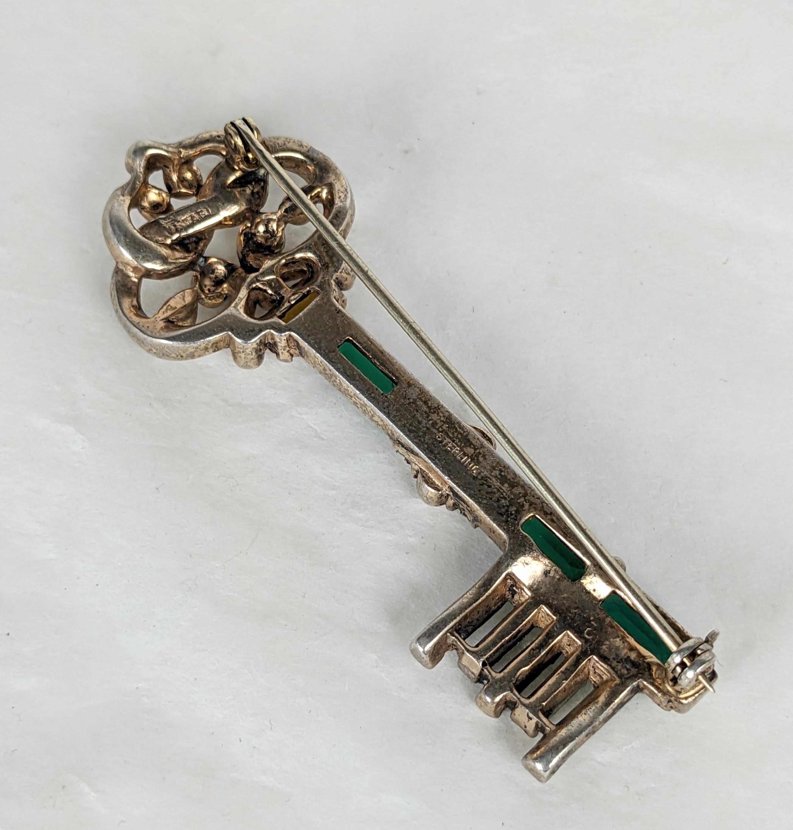 Women's or Men's Trifari Retro Sterling Vermeil Jeweled Key Brooch, Alfred Philippe For Sale