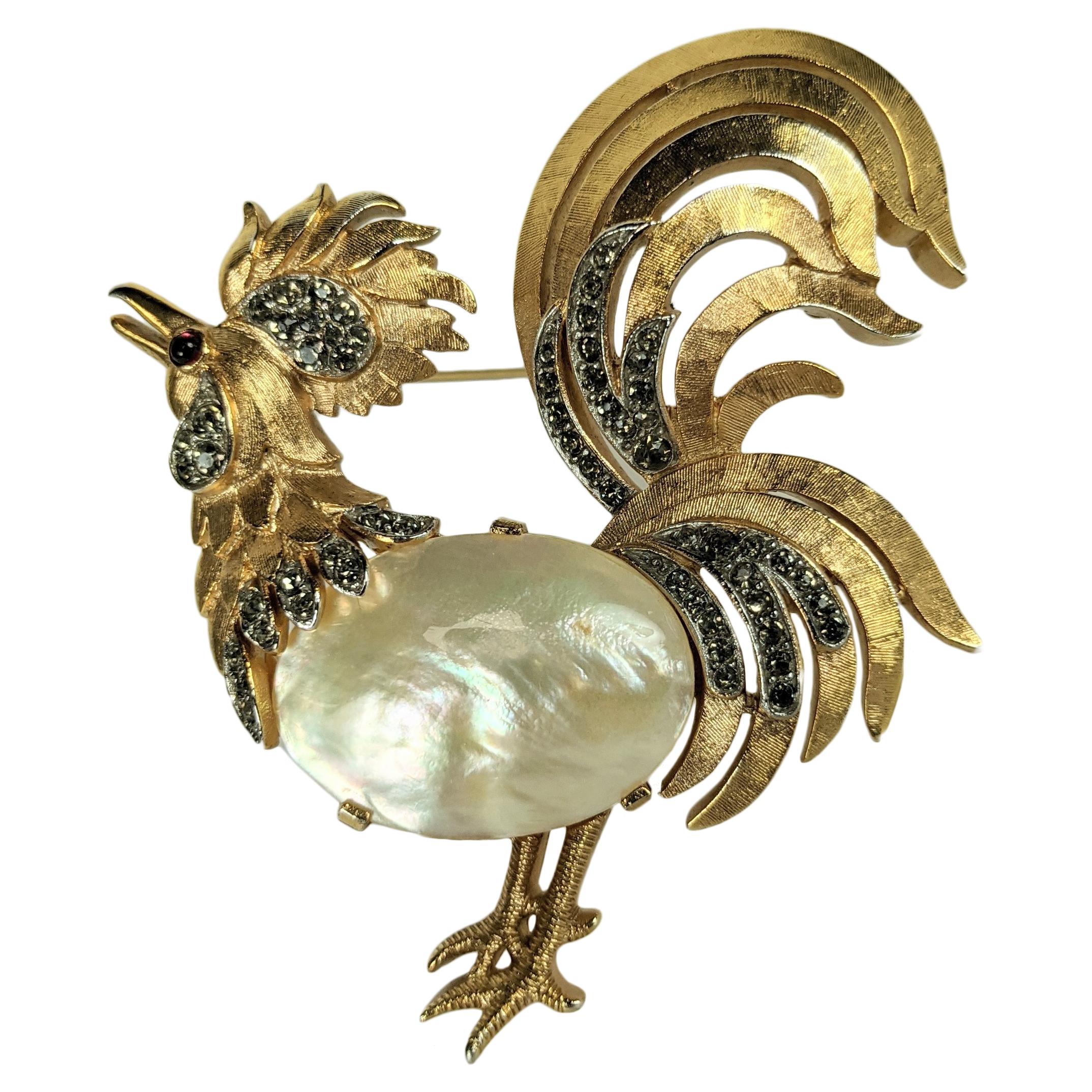 Trifari Rooster Pearl Belly Brooch For Sale