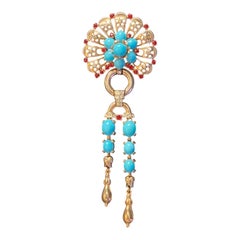 Trifari Rose Gold on Sterling Tuurquoise Cabochon & Red Stone Pin, Patented 1946