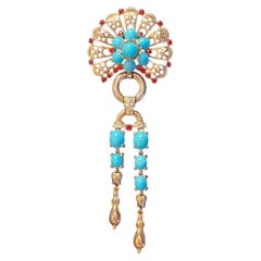 Trifari Rose Gold on Sterling Tuurquoise Cabochon & Red Stone Pin, Patented 1946