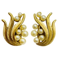 TRIFARI signed vintage gold pearl leaf clip on earrings