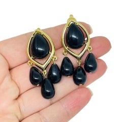 TRIFARI signiert vintage gold ton blau schwarz lucite Tropfen Clip auf Ohrringe