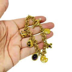 TRIFARI signed vintage gold tone cross crow rhinestones designer charm bracelet