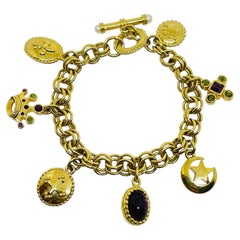TRIFARI signed vintage gold tone cross crow rhinestones designer charm bracelet