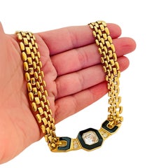 TRIFARI signed vintage gold tone crystal enamel designer necklace