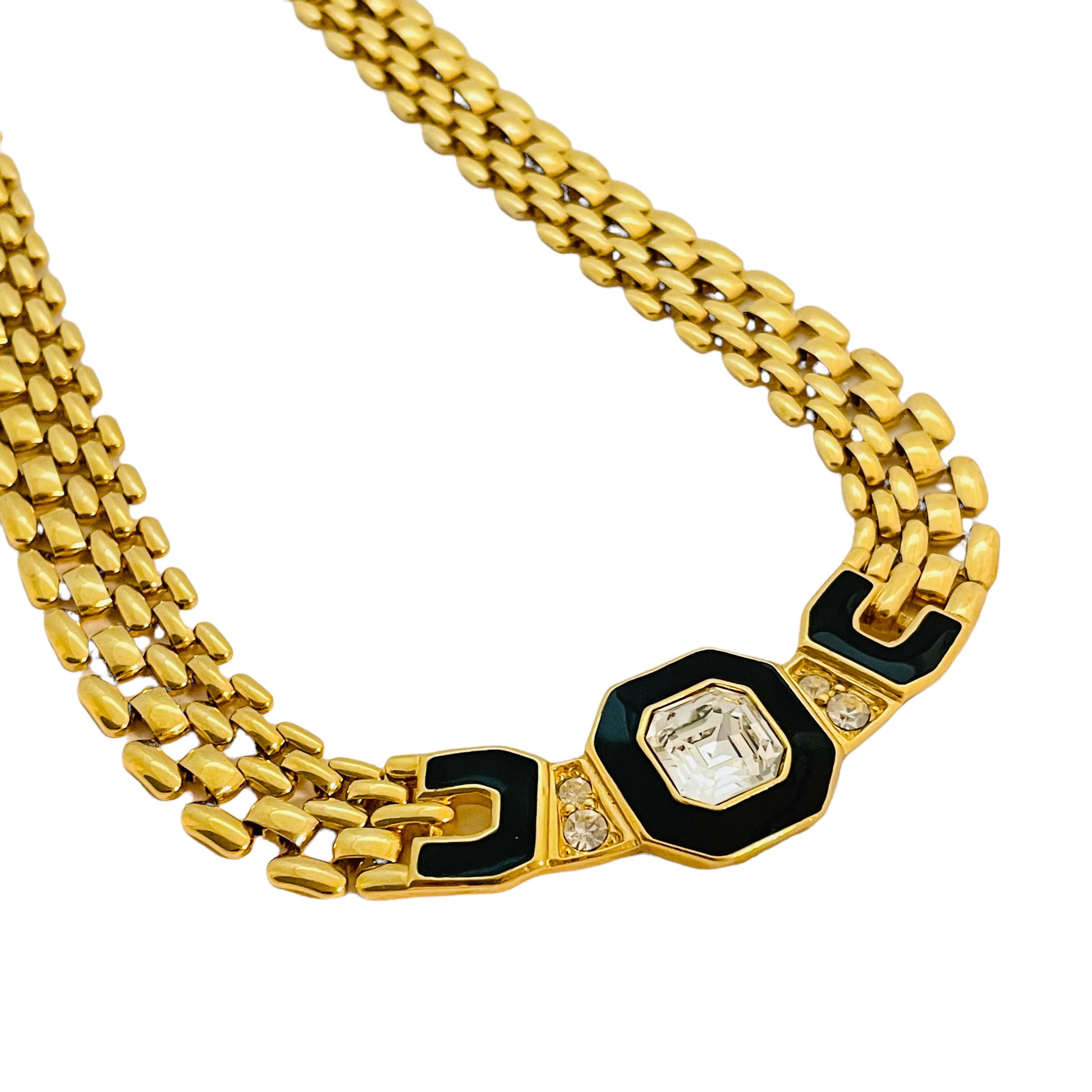 Women's or Men's TRIFARI signed vintage gold tone crystal enamel designer necklace For Sale