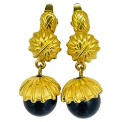 TRIFARI signed vintage gold tone dangle ball designer clip on earrings