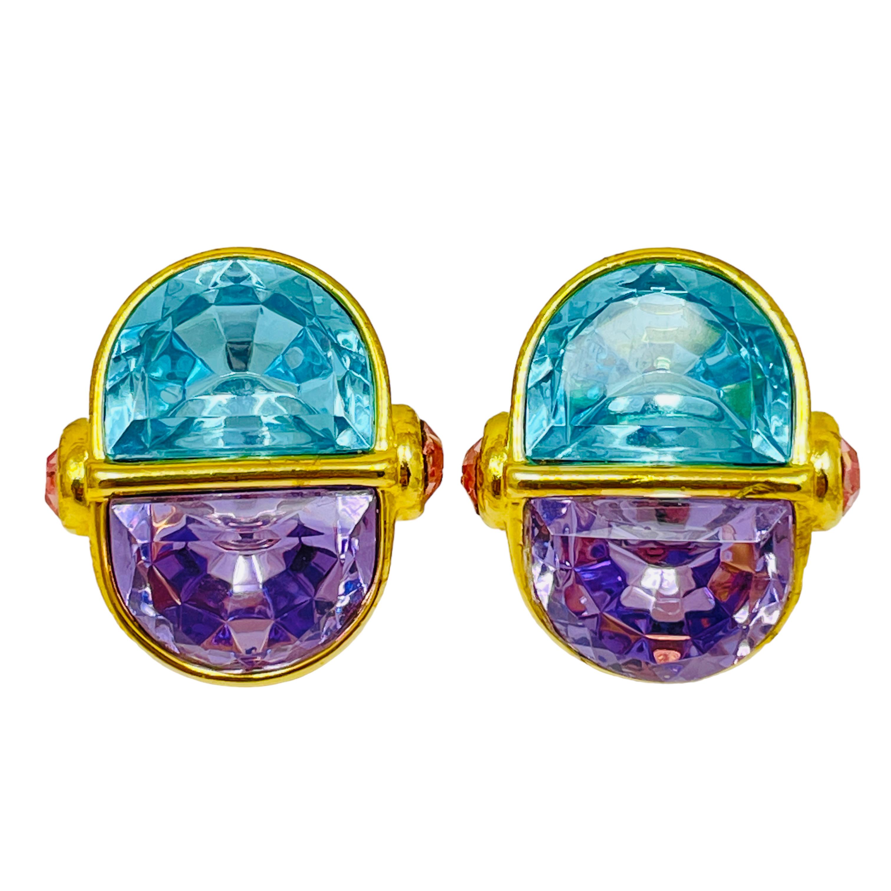 Trifari, orecchini a clip firmati vintage in vetro color oro con ametista e topazio