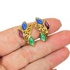 TRIFARI signiert Vintage Gold Ton Juwel Glas Designer Clip auf Ohrringe
