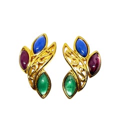 TRIFARI signé vintage ton or bijou verre designer boucles d
oreilles à clip