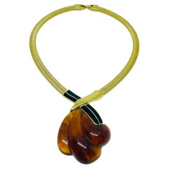 TRIFARI signed vintage gold tone omega chain resin enamel designer necklace