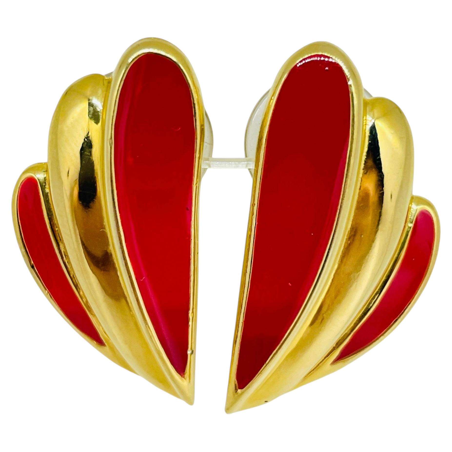 TRIFARI signed vintage gold tone red enamel designer pierced earrings For Sale