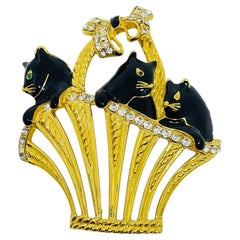 TRIFARI signed vintage gold tone rhinestone enamel cat basket designer brooch