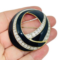 TRIFARI signed vintage gold tone rhinestone enamel designer brooch