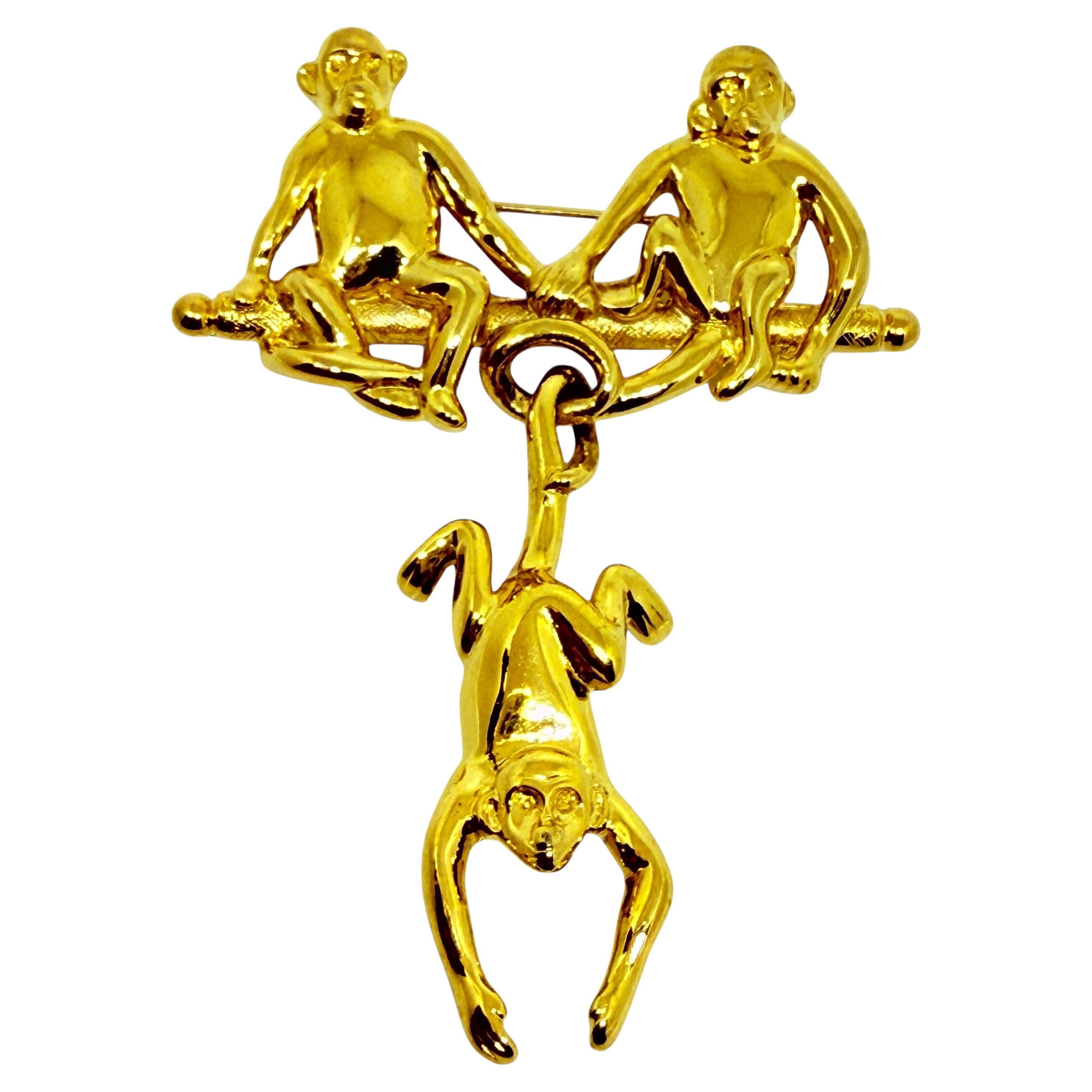 TRIFARI signed vintage gold tone three monkeys designer brooch For Sale