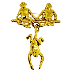 TRIFARI signed vintage gold tone three monkeys designer brooch