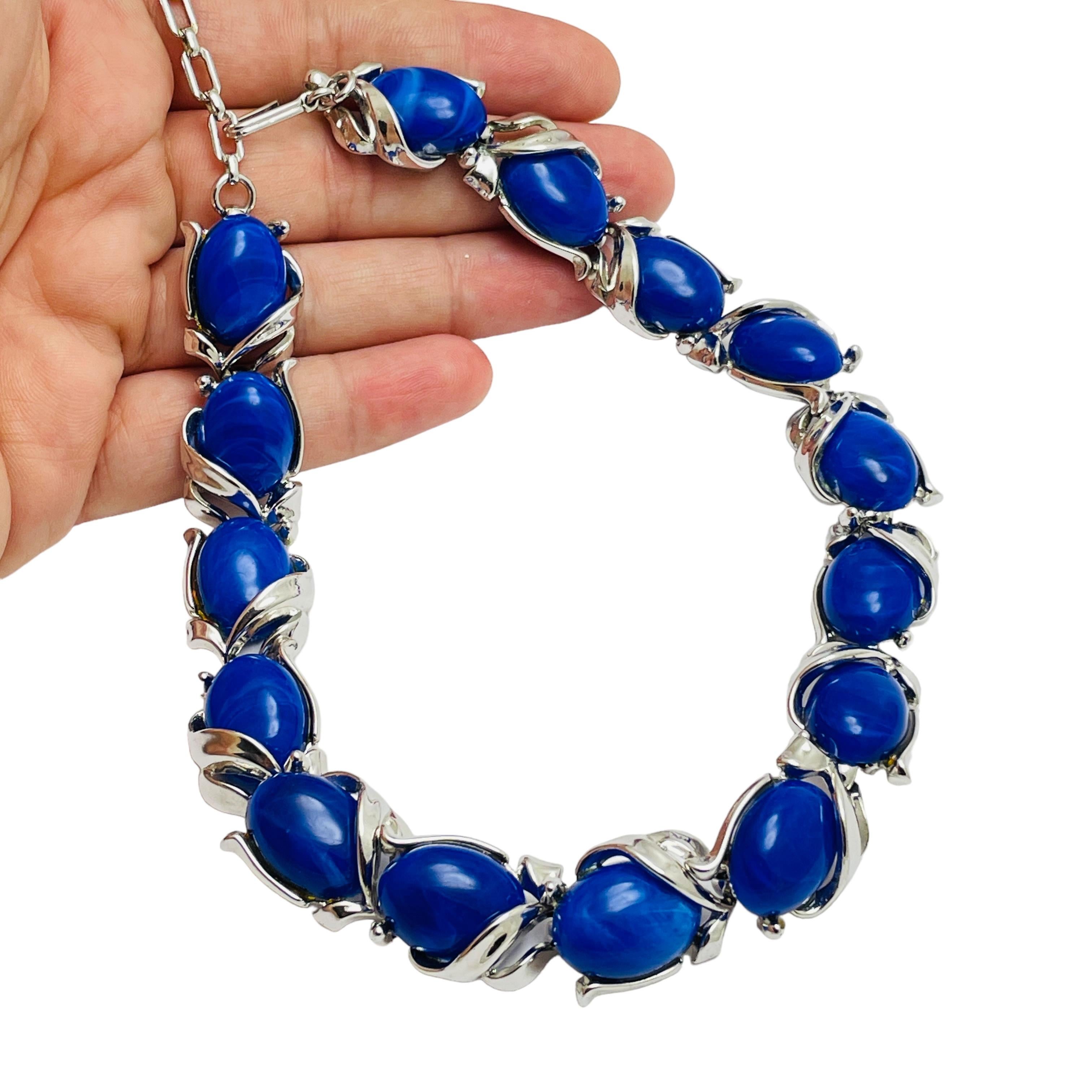 TRIFARI signed vintage silver blue lucite designer necklace 2
