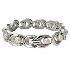 Trifari Silver Plated Brushed and Shiny Bracelet with Faux Pearls circa 1960s