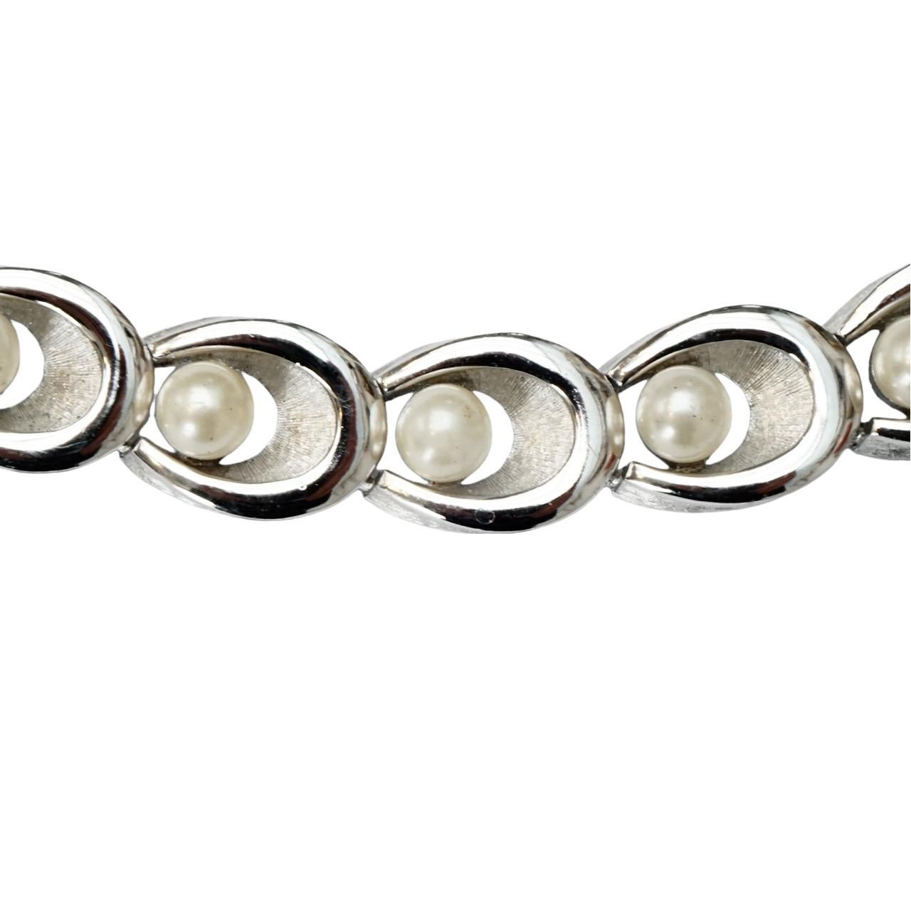Trifari Silver Plated Brushed and Shiny Bracelet with Faux Pearls circa 1960s In Good Condition For Sale In London, GB