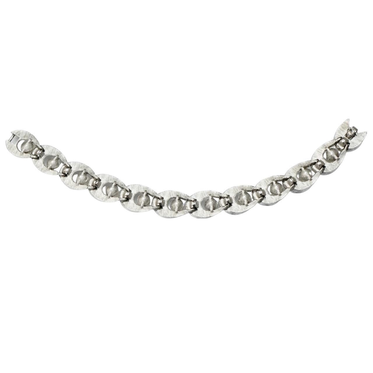 Trifari Silver Plated Brushed and Shiny Bracelet with Faux Pearls circa 1960s For Sale 1