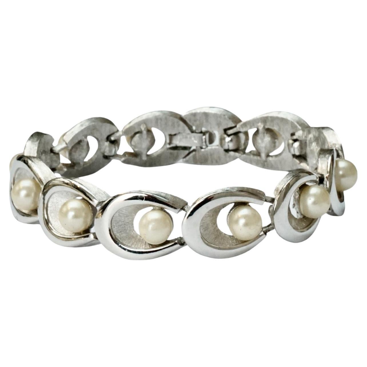 Trifari Silver Plated Brushed and Shiny Bracelet with Faux Pearls circa 1960s For Sale