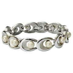 Retro Trifari Silver Plated Brushed and Shiny Bracelet with Faux Pearls circa 1960s