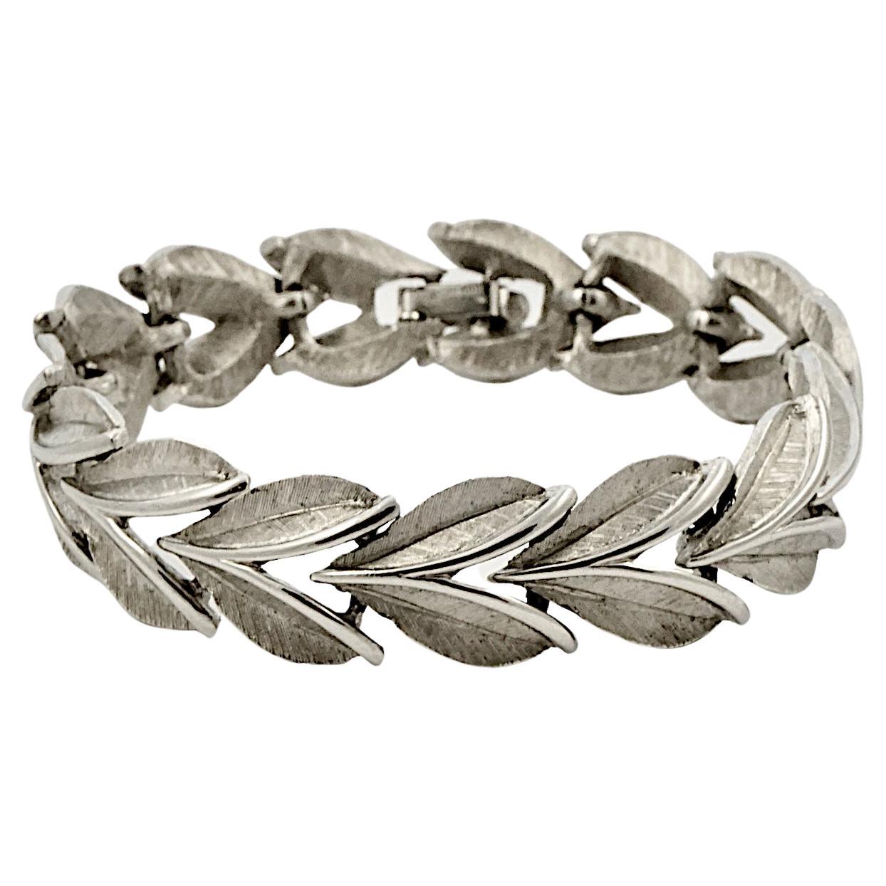 Trifari Silver Plated Brushed and Shiny Leaves Link Bracelet circa 1960s