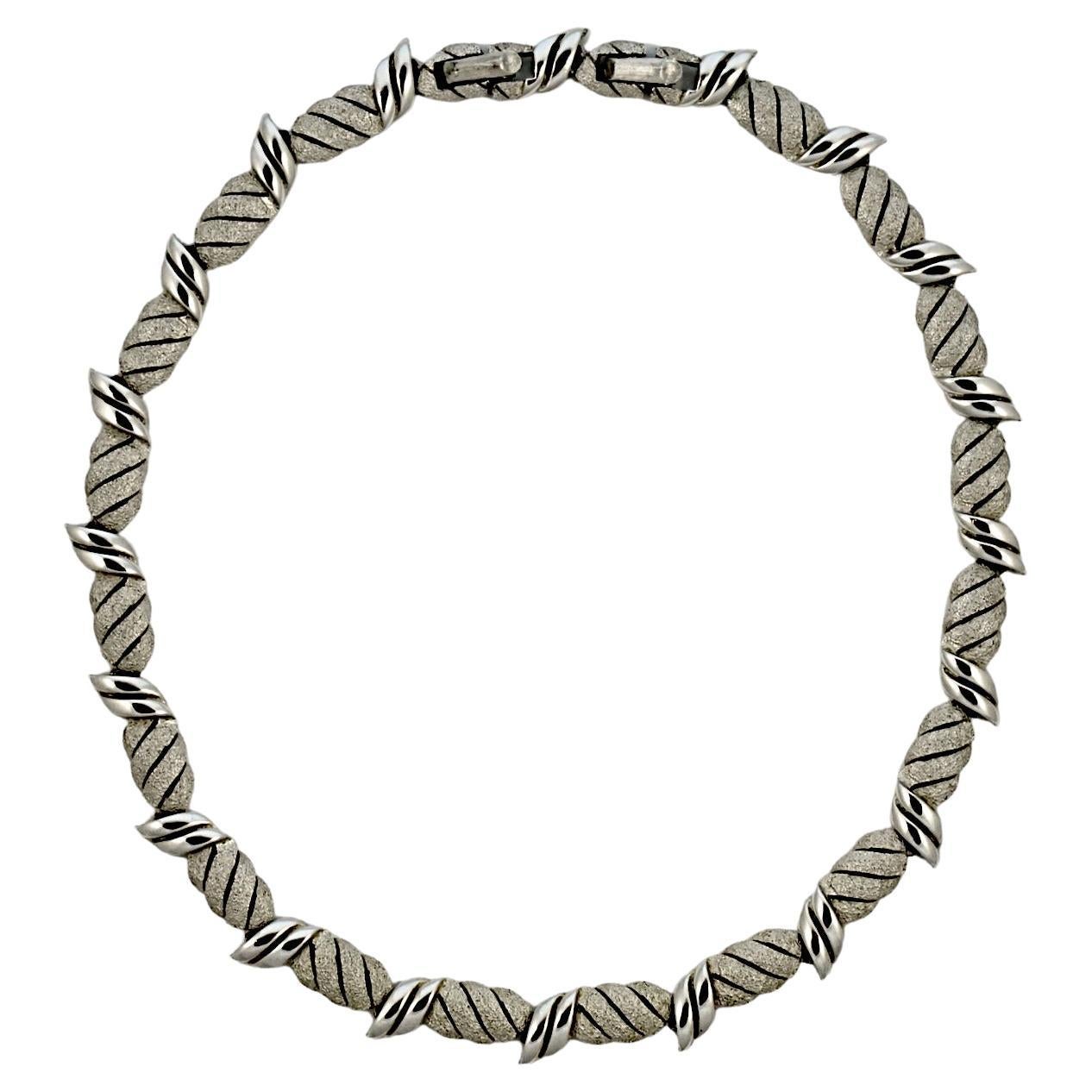 Trifari Silver Plated Brushed and Shiny Link Design Necklace circa 1960s For Sale