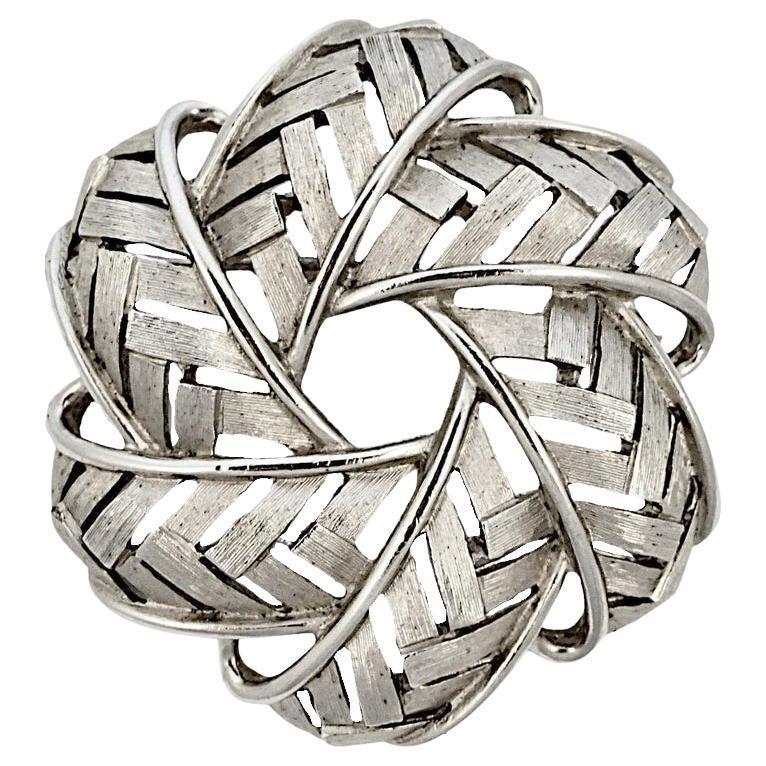 Trifari Silver Plated Brushed and Shiny Woven Brooch circa 1960s For Sale